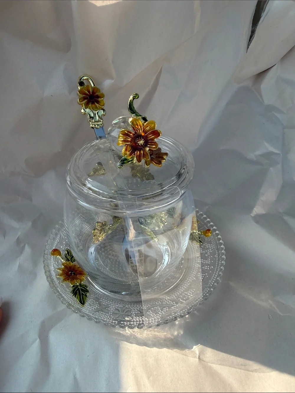 Sunflower Glass Teapot with Spoon and Saucer - Yellow Floral Accent